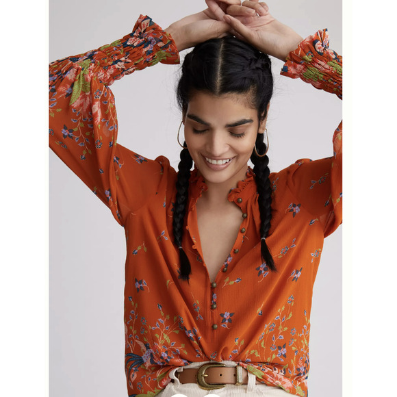 Anthropologie Womens Floral Chiffon Top Large Burnt Orange Floral Long Sleeve - Picture 2 of 13